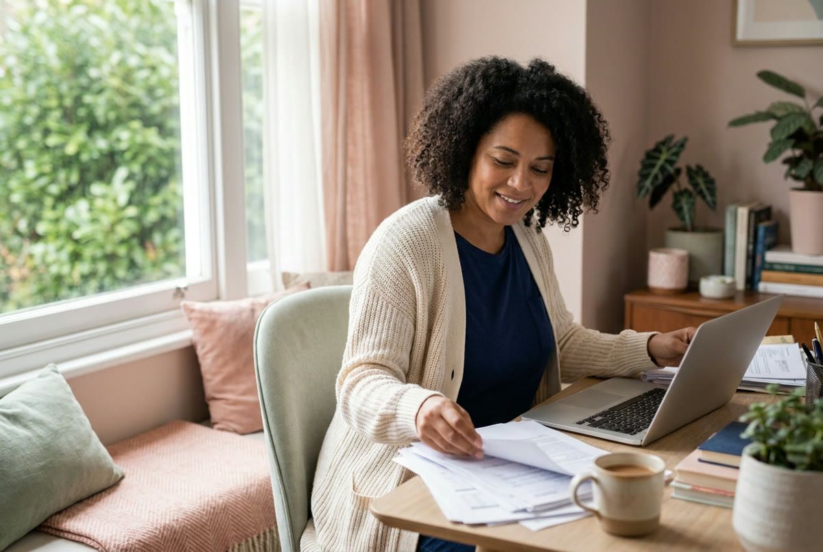 A parent reviewing paperwork at home while looking into therapy options