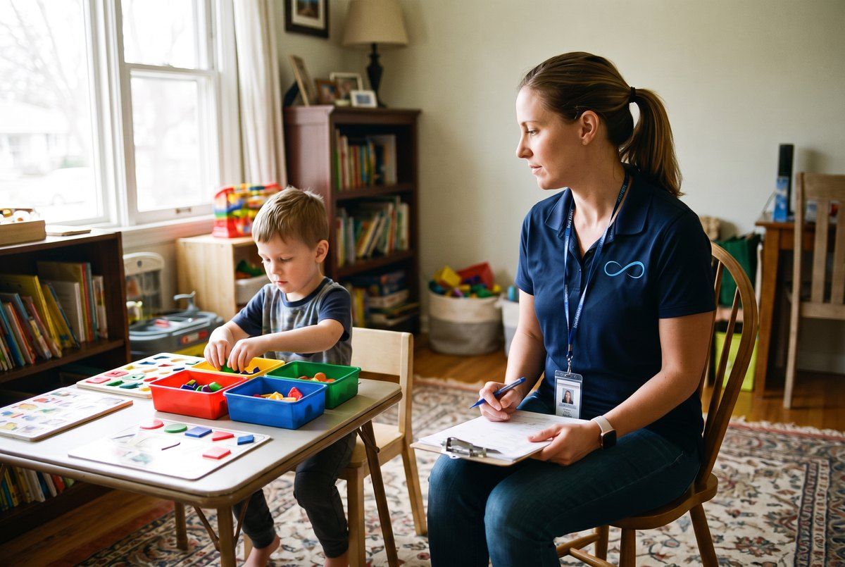 A therapist gently assessing a child's skills with toys at home