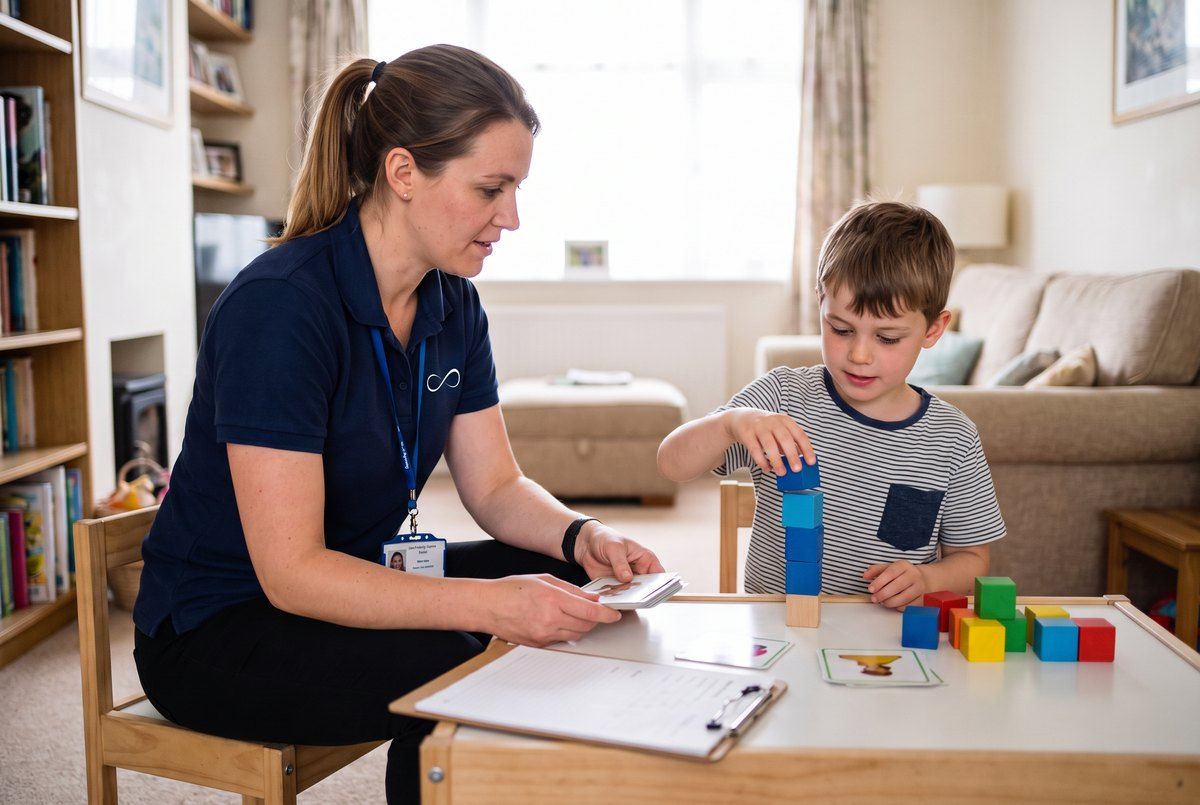 A therapist and young child learning together on the living-room floor